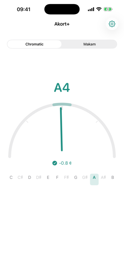 Akort+ showing A4 in tune in chromatic mode